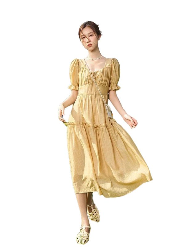 51vYdhBFbyL.jpg Women's Solid Dress A-Line Lace-Up V-Neck Flare Sleeve Elegant Office Ruffle Dress