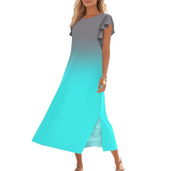 51wSZ0E03dL.jpg Women's Gradient Color Maxi Dress with Ruffle Sleeves and Pockets Casual Loose Fit Summer Beach Sundress