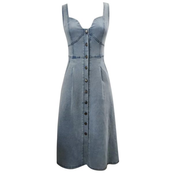 51yHTVToFmL.jpg Women Vintage Denim Dresses Sexy Sleeveless Button Designswing Big Hem Vestidos Jeans Dress