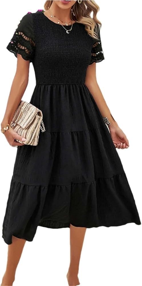 Boho Hollow Dress Women Summer Solid Casual Short Sleeve Beach Holiday Mini Sundress Vacation Party Dress