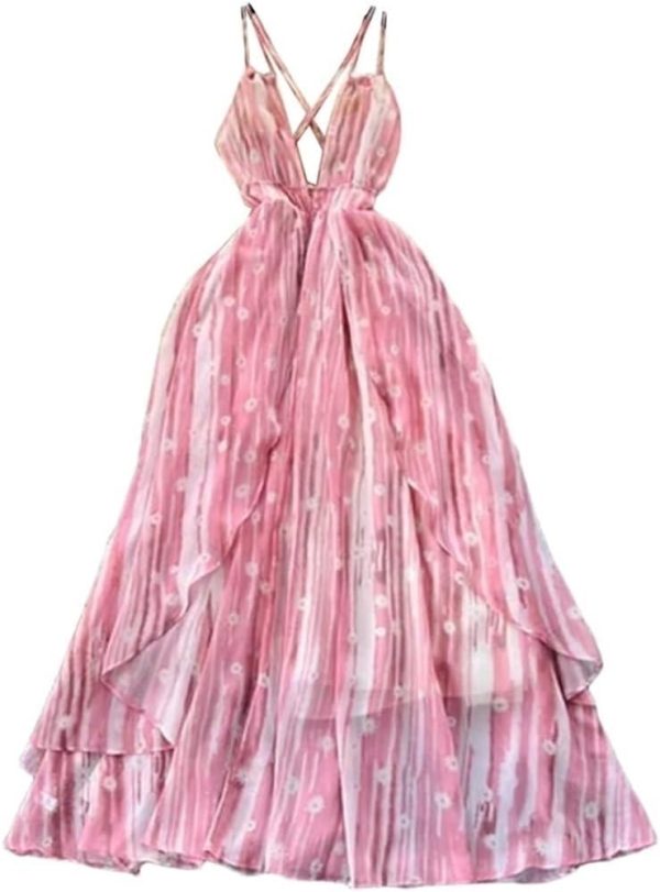 51zqJUE2meL.jpg Printed Backless Dress Women Summer Criss Cross Flared Midi Beach Skirt Holiday Pleated Party Outfit
