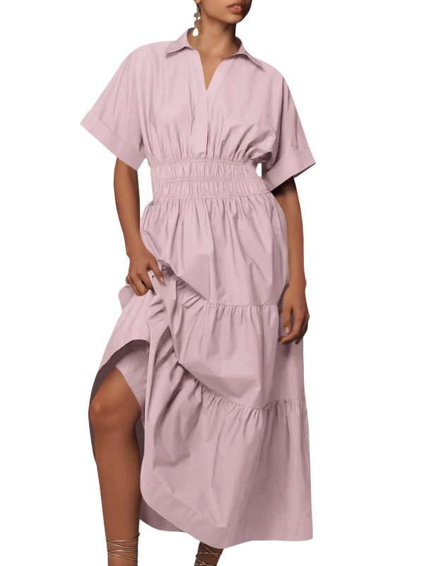 610y-808XOL.jpg Womens Summer Short Sleeve Maxi Dresses Casual V Neck Smocked Loose Tiered Flowy Shirt Dress with Pockets