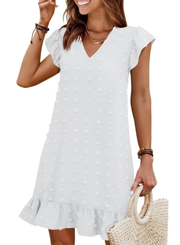 611NbYqNV7L.jpg Spring Summer Dresses for Women 2025 V Neck Cap Sleeve Ruffle Hem Smock Short Casual Outings Beach Dress