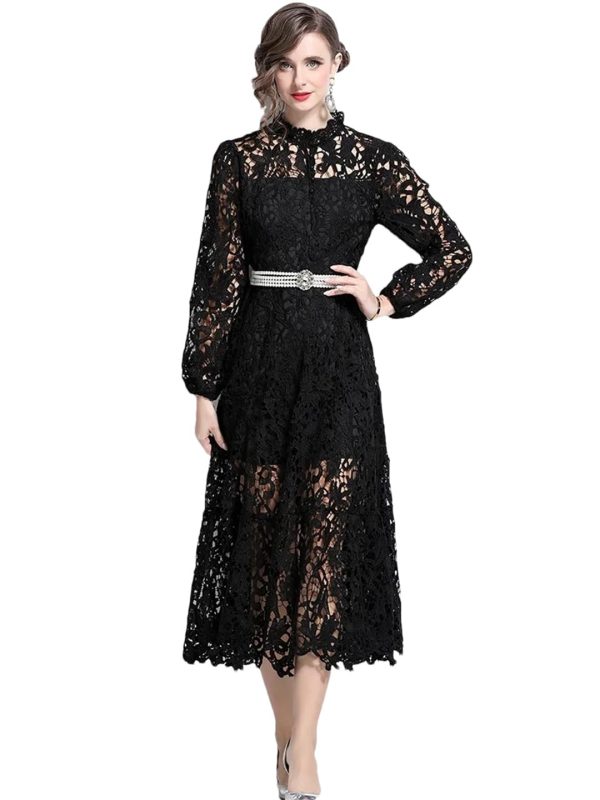 611VFpQdZkL.jpg Womens Water-Soluble Lace Embroidery Hollow Flower Dress Full Sleeve Vacation Long Dress