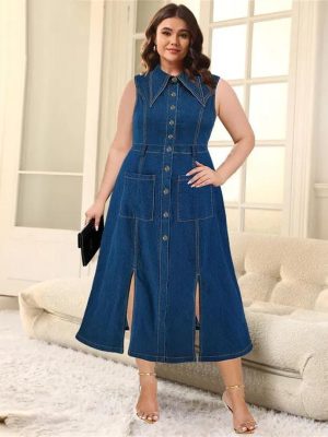 Women Sleeveless Large Jean Dresses Ladies Big Turn-Down Collar Split Long Denim Dress