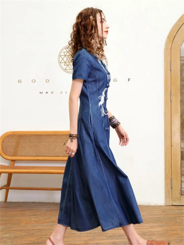 613KMJG0WL.jpg Women Summer Vintage Single Breasted A-Line Denim Dress V-Neck Embroidery Split Joint Dresses