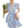 Women French Retro Striped Dress Round Neck Lace-Up Waist Tie Bubble Sleeve Elegant Dresses