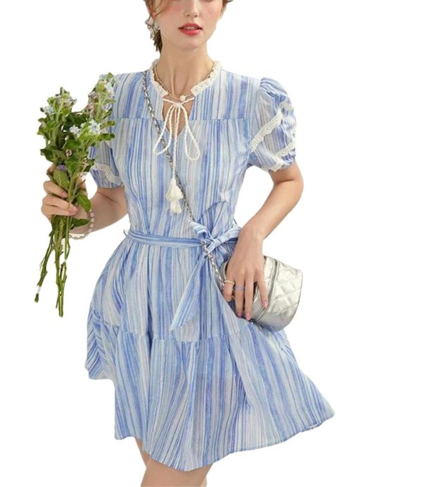 Women French Retro Striped Dress Round Neck Lace-Up Waist Tie Bubble Sleeve Elegant Dresses