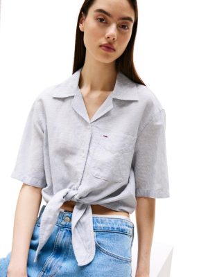 Women's Crop Linen Shirt with Front Tie Detail