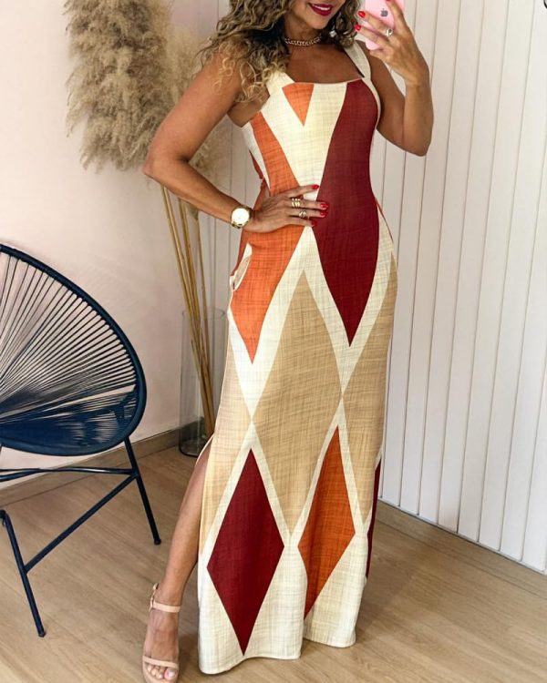 CHICME Women's Summer Maxi Dress Casual Thick Strap Square Neck Boho Sundress Split Travel Vacation Dresses with Pockets