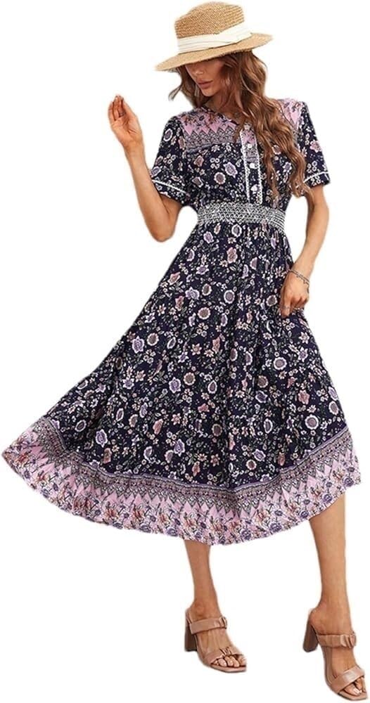 614r06fQa4L.jpg Boho Floral Maxi Women Summer Short Sleeve High Waist A Line Long Beach Dress Lightweight Casual Vacation Skirt