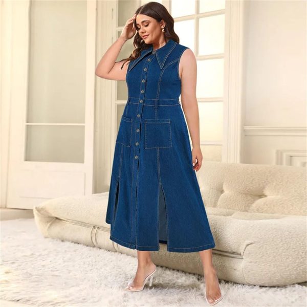 614thQIlvBL.jpg Women Sleeveless Large Jean Dresses Ladies Big Turn-Down Collar Split Long Denim Dress