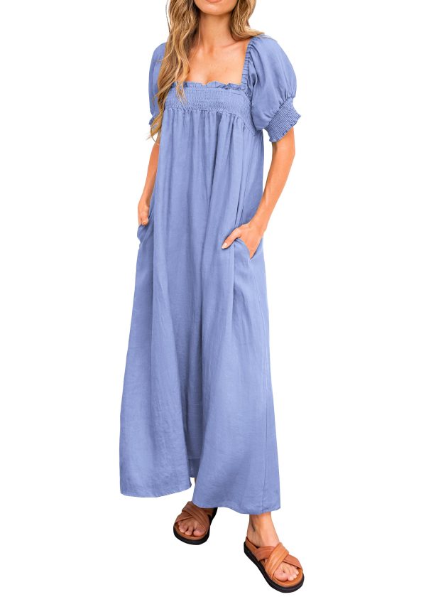 Women 2025 Summer Maxi Dress Casual Loose Puff Sleeve Square Neck Maternity Flowy Long Beach Dresses with Pockets