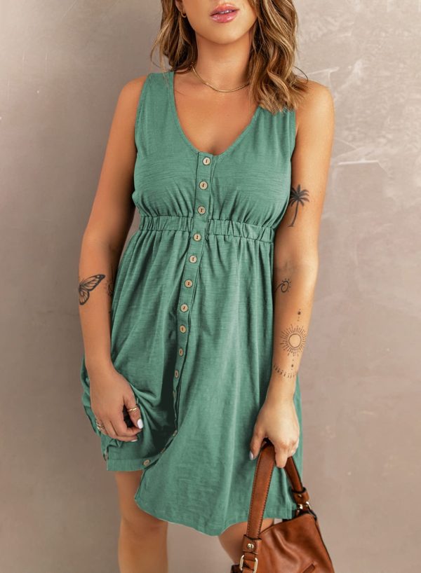 Women Summer Casual Sleeveless Button Down Elastic Waist Swing Dresses, XS-2XL