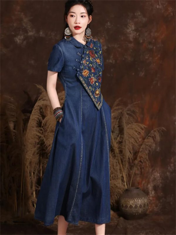 615hgtXROiL.jpg Women Chinese Vintage A-Line Dress Split Joint Midi Denim Dress Embroidery Floral Long Shirt Dress