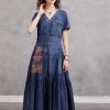 Women Vintage Short Sleeve Single Breasted Embroidery Floral Retro Dresses V-Neck A-Line Pleated Dress