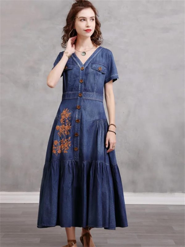 Women Vintage Short Sleeve Single Breasted Embroidery Floral Retro Dresses V-Neck A-Line Pleated Dress