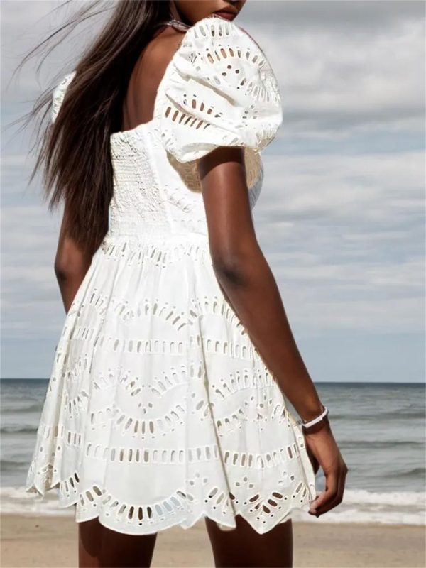 615v9FVIL.jpg Women Hollow Out Mini Square Collar Puff Sleeve High Waist Slimming Hit Color Print Short Dress