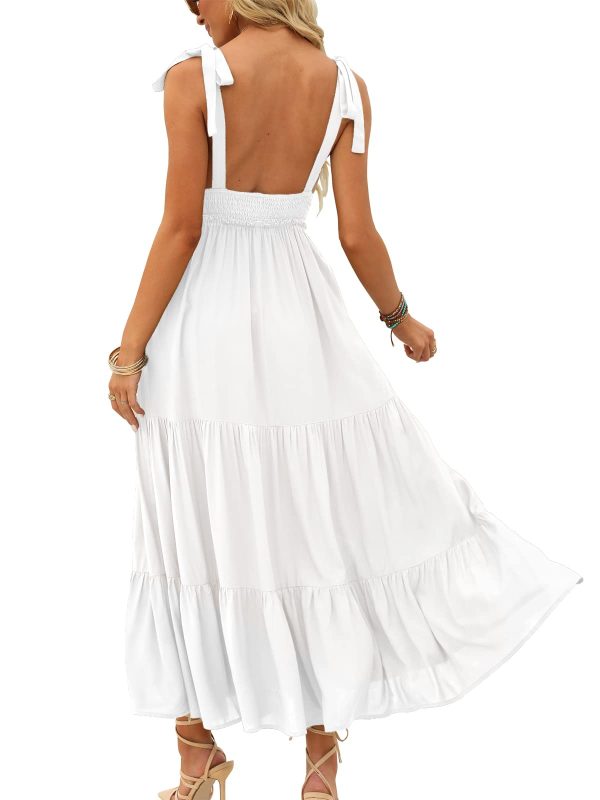 615z4dofOnL.jpg Women's Summer V Neck Tie Strap Maxi Dress Halter Ruffle Hem Long Dresses Spaghetti Strap Long Flowy Dresses