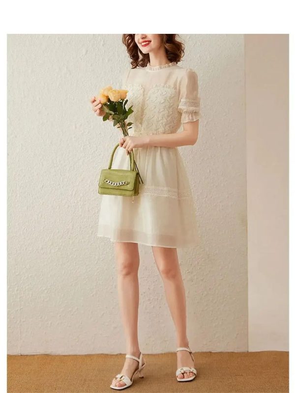 615zAOloqPL.jpg Women Dress Stringy Selvedge Round Neck Short Sleeve Lace Hollow Out Sweat Elegant Short Dress