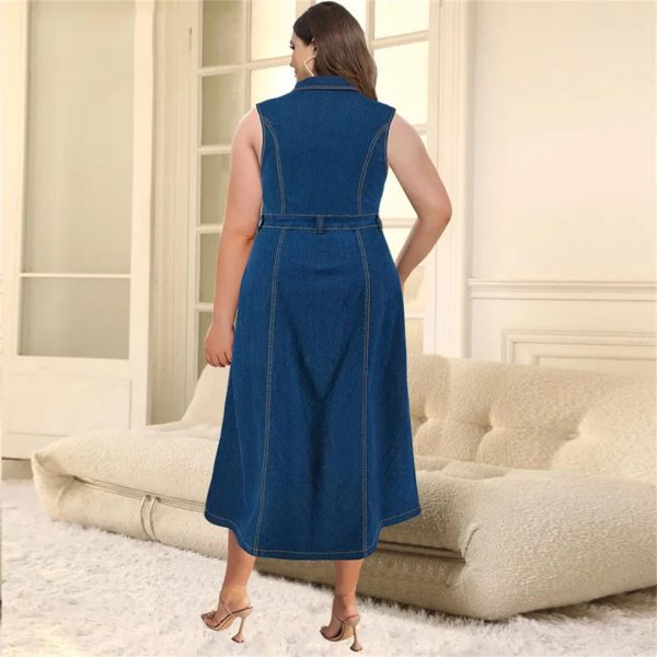 616531qpObL.jpg Women Sleeveless Large Jean Dresses Ladies Big Turn-Down Collar Split Long Denim Dress