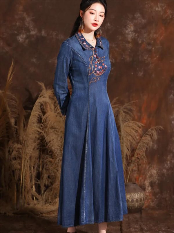 6165USlon-L.jpg Women Turn-Down Collar Embroidery Split Joint A-Line Jeans Dress Chinese Long Denim Dress