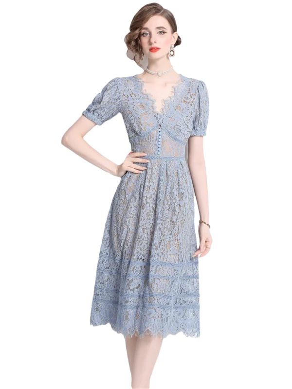 6166LGDyL.jpg Womens Big Swing Lace Hollow Out Dress Vintage Elegant Slim High Waist Single Breasted Sexy V-Neck Dress