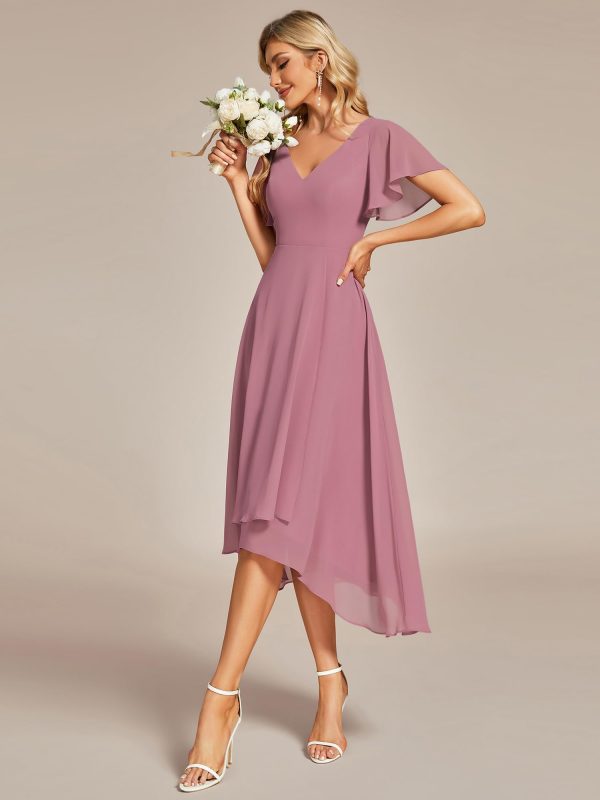 616N4HZYF1L.jpg Women's V Neck Ruffle Sleeves Irregular Chiffon A-Line Midi Wedding Guest Dresses 01756
