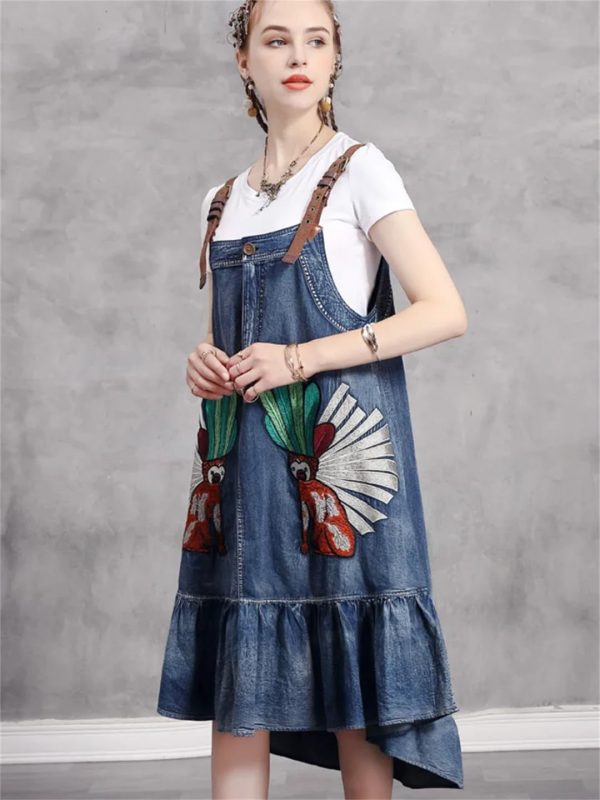 616TU9gJwZL.jpg Women Vintage Asymmetrical A-Line Embroidery Sleeveless Spaghetti Straps Dress Loose Split Denim Dress