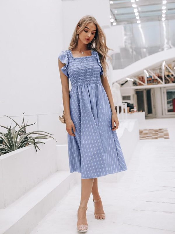 Womens Casual Summer Midi Dress Short Sleeve Smocked Linen Dresses 2025 Boho Beach Wedding Guest Dress with Pockets