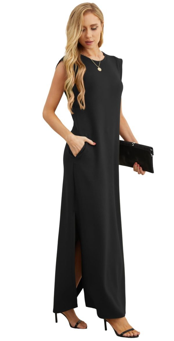 616sVFOuW9L.jpg 2025 Women Summer Round Neck Casual Loose Split Wrinkle-Free Long Maxi Vacation Dress with Pockets (XS-3XL)