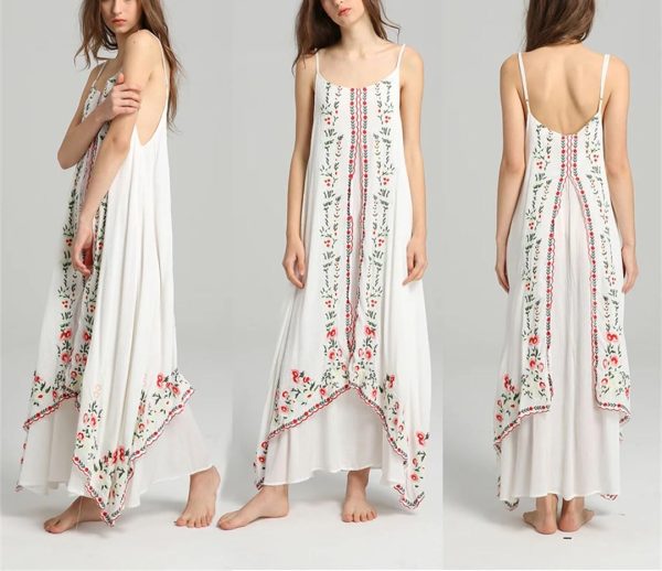 6174qFheBLL.jpg Women Maxi White Boho Vintage Floral Embroidered Sleeveless Strap Beach Long Dresses