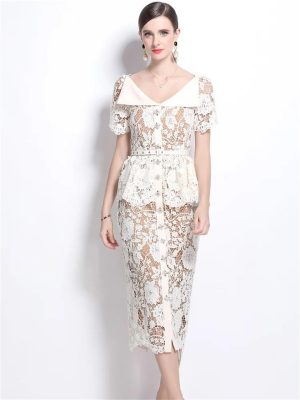 Womens Elegant Temperament Lapel Short Sleeved Lace Hollow Out Dress Slim Waist Dress