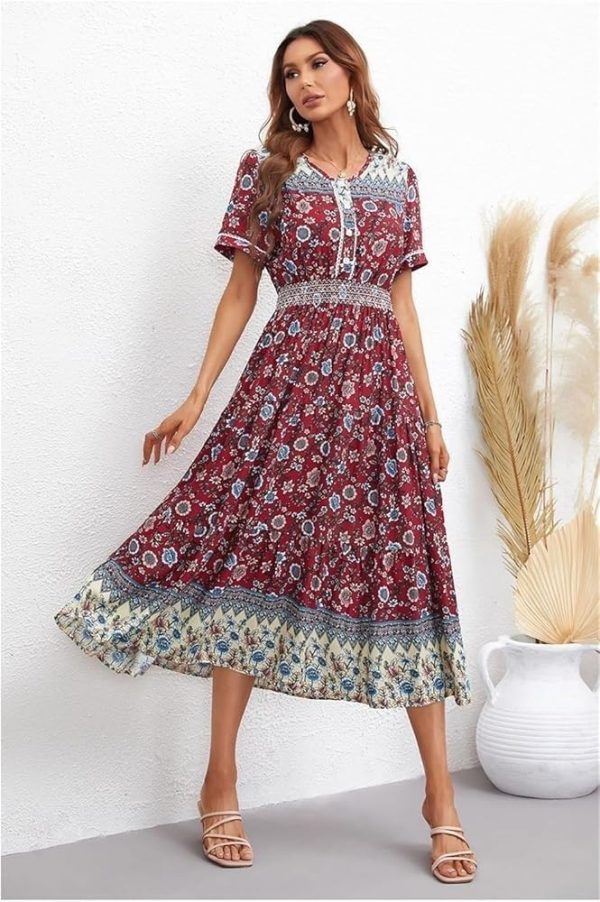 61AHRmrErVL.jpg Boho Floral Maxi Women Summer Short Sleeve High Waist A Line Long Beach Dress Lightweight Casual Vacation Skirt