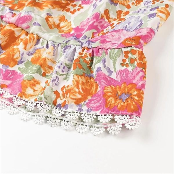 61BCk1vQcQL.jpg Front Knotted Floral Print Slip Dress Women V Neck Spaghetti Straps Elastic Waist A Line Short Summer Skirt