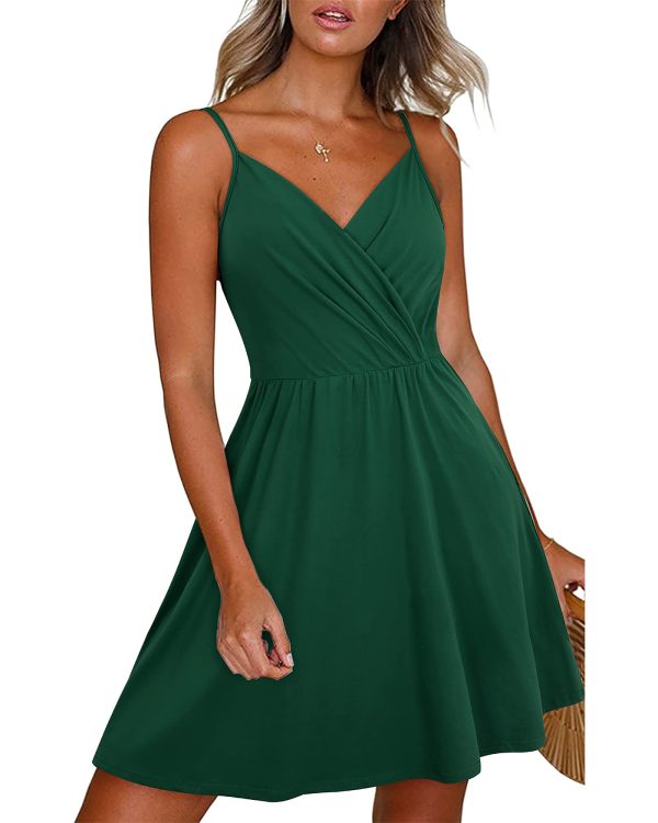 Women's Summer Dress 2025 Spaghetti Strap Sleeveless V Neck Casual Swing Sundress with Pockets