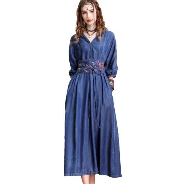 61BiMgeR5vL.jpg Women Vintage Blue A-Line High Waisted Retro Dresses Three Sleeve Belt Embroidery Denim Dress