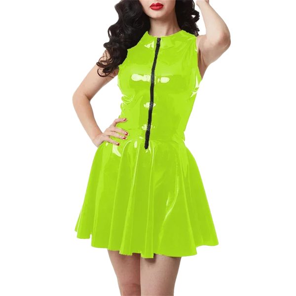 61BypT3IwtL.jpg Plus Size Women Peter Pan Collar Mini Dress High Waist Pleated PVC Leather Party Dress