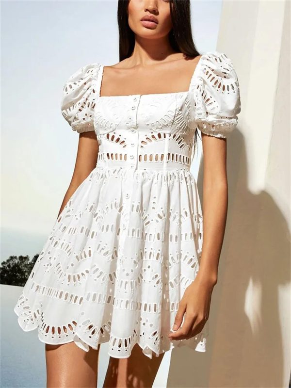 61CG2HdhLrL.jpg Women Hollow Out Mini Square Collar Puff Sleeve High Waist Slimming Hit Color Print Short Dress