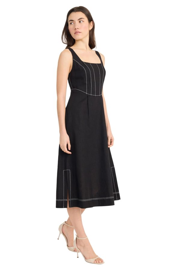 Women's Square Neck Midi Linen Rayon A-line Sleeveless Tailored Summer Wedding Guest Cocktail Dress