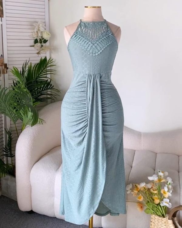 CHICME Womens Holiday Beach Dress Halter Hollow-Out A Line Dress Maxi Dress Vacation