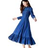 Women Stand Collar Embroidery Split Joint Ruffles A-Line Vintage Slim Embroidery Long Sleeve Denim Dress