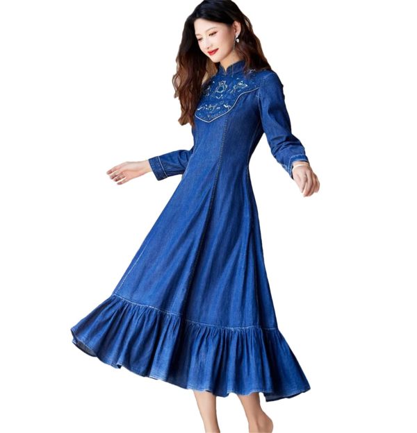 Women Stand Collar Embroidery Split Joint Ruffles A-Line Vintage Slim Embroidery Long Sleeve Denim Dress