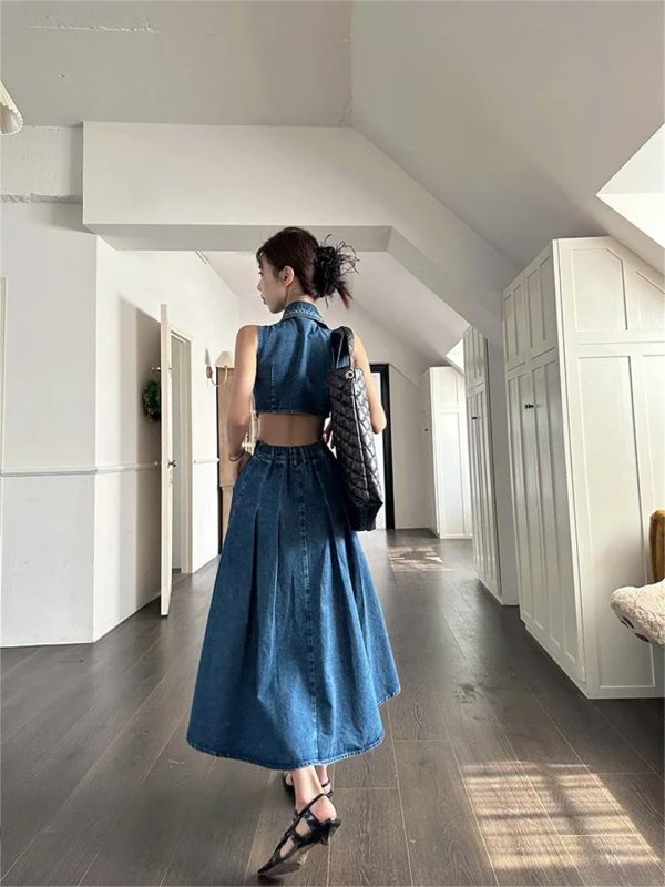 61DSTuSrNL.jpg Women Elegant One-Piece with Slit Cut-Out Blue Jean Sundress Sleeveless Denim Dress