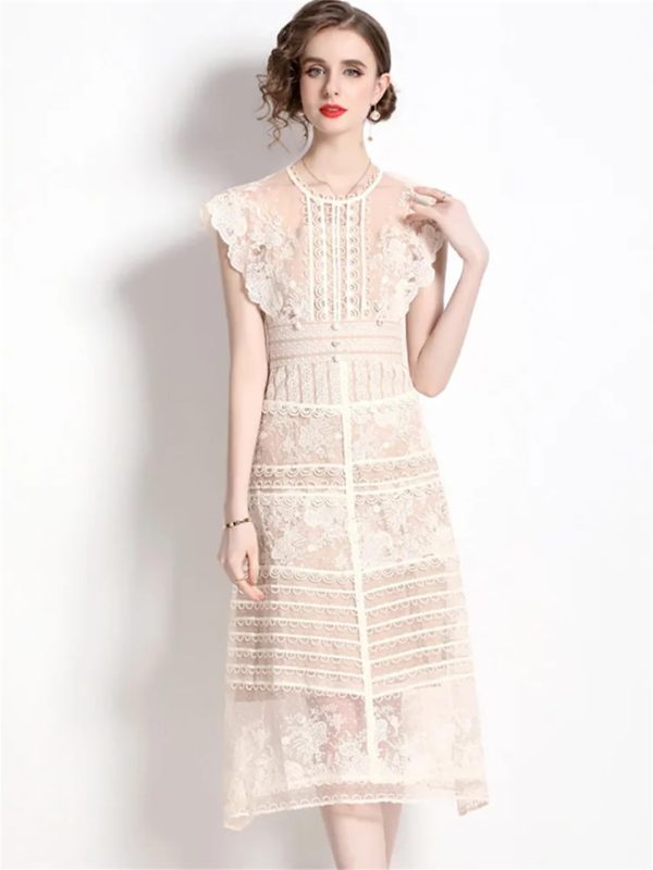Women Summer Embroidery Flower Dress O-Neck Sleeveless Elegant Patchwork Runway Long Dress