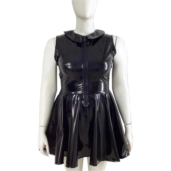 61ENH-zFQL.jpg Plus Size Women Peter Pan Collar Mini Dress High Waist Pleated PVC Leather Party Dress