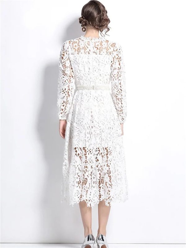 61EOabO4aAL.jpg Womens Water-Soluble Lace Embroidery Hollow Flower Dress Full Sleeve Vacation Long Dress