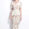 61EYmxoDowL.jpg Womens Elegant Temperament Lapel Short Sleeved Lace Hollow Out Dress Slim Waist Dress