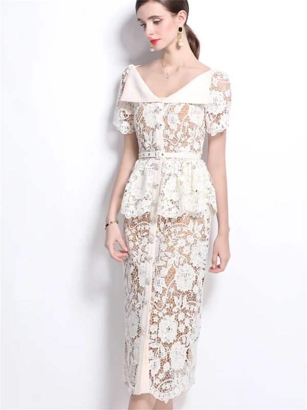 61EYmxoDowL.jpg Womens Elegant Temperament Lapel Short Sleeved Lace Hollow Out Dress Slim Waist Dress