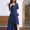 Women Summer Asymmetrical Puff Sleeve Vintage A-Line Jeans Dress V-Neck High Waisted Irregular Denim Dress